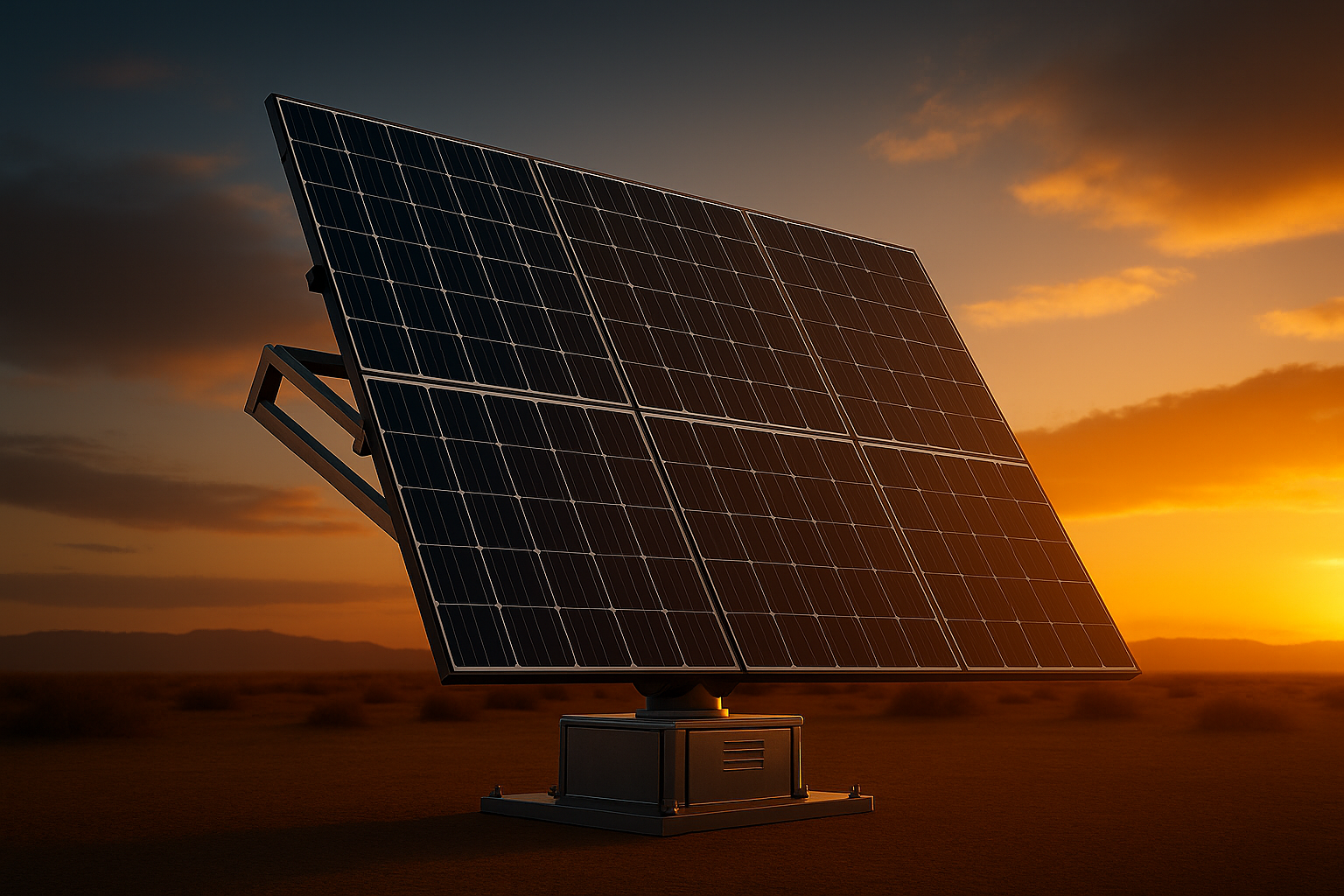 SolarArk dual-axis solar tracking system deployed in desert landscape at golden hour sunset