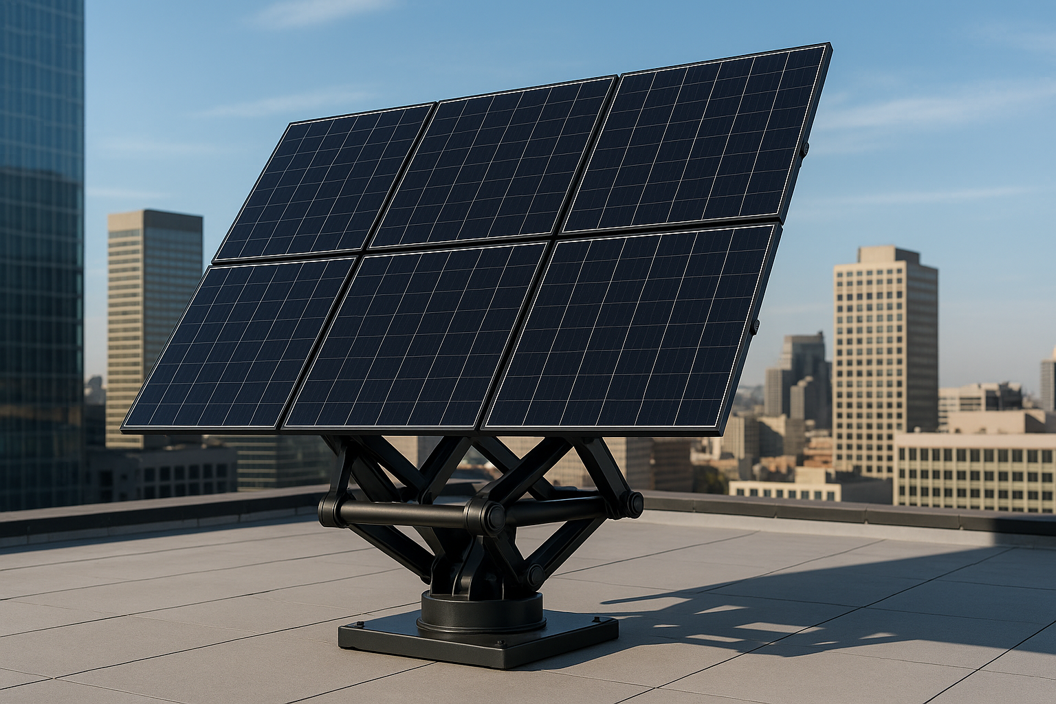 SolarArk commercial rooftop installation with urban city skyline showcasing scalable deployment